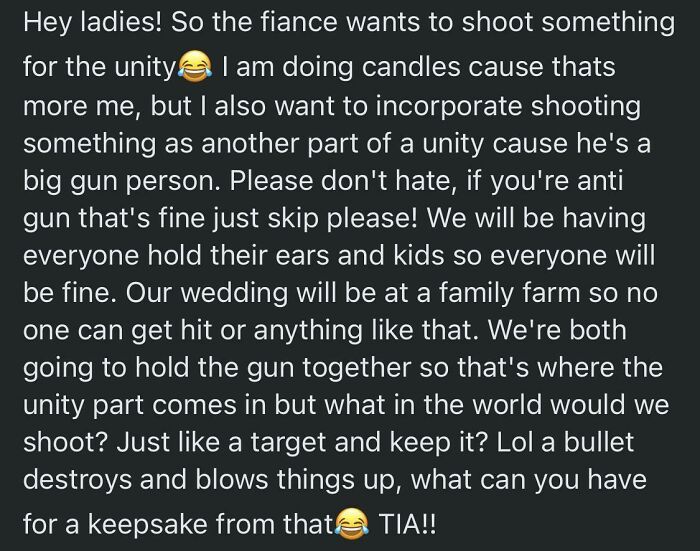 Text message revealing a groom's entitled request to include gun shooting in their wedding unity ceremony despite safety concerns.