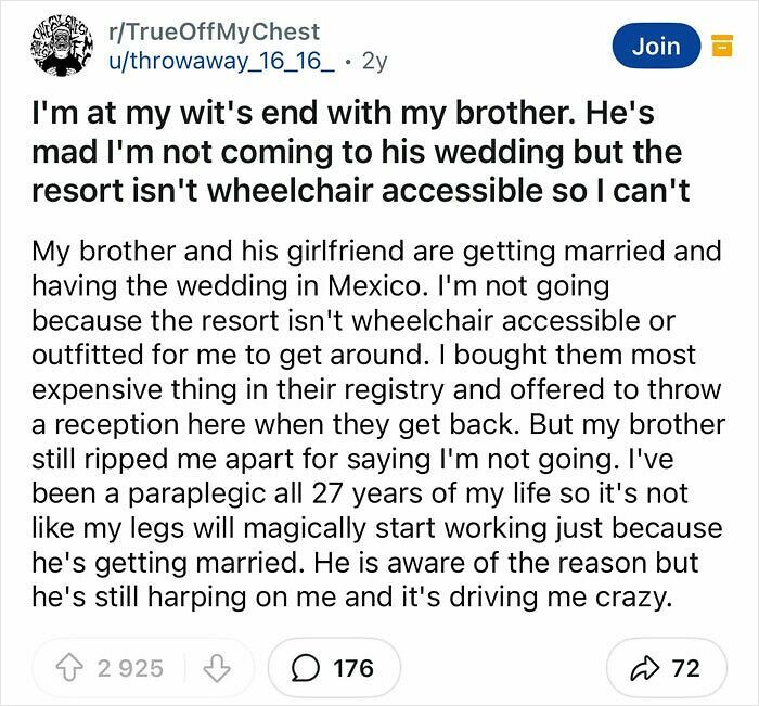 Reddit post about a wheelchair-accessible wedding resort conflict highlighting groom's sense of entitlement revealed.