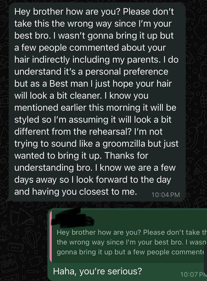 Text message conversation showing a groom's sense of entitlement about his hair before the wedding, exposing wedding day drama.