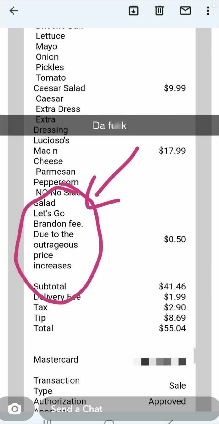Receipt showing a ridiculous fee labeled Let's Go Brandon added due to outrageous price increases on a food order.
