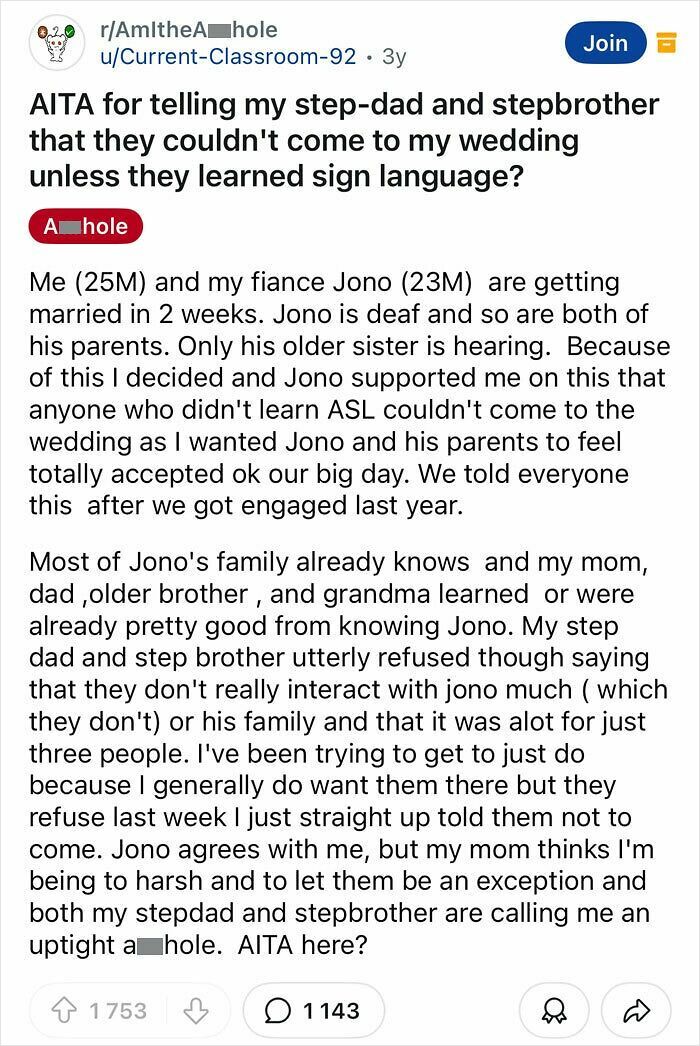 Reddit post questioning if stepfamily should learn sign language to attend wedding, highlighting groom's entitlement issues.