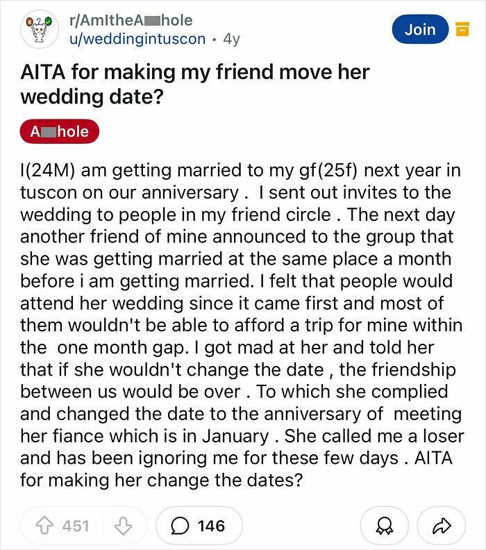 Reddit post showing a groom demanding his friend change her wedding date, highlighting groom entitlement in weddings.