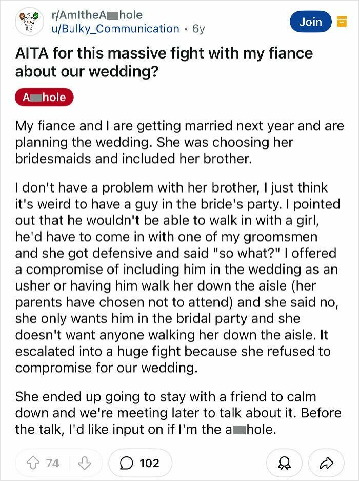Reddit post showing a groom exposed for entitlement in a massive fight over wedding planning and bridal party roles.
