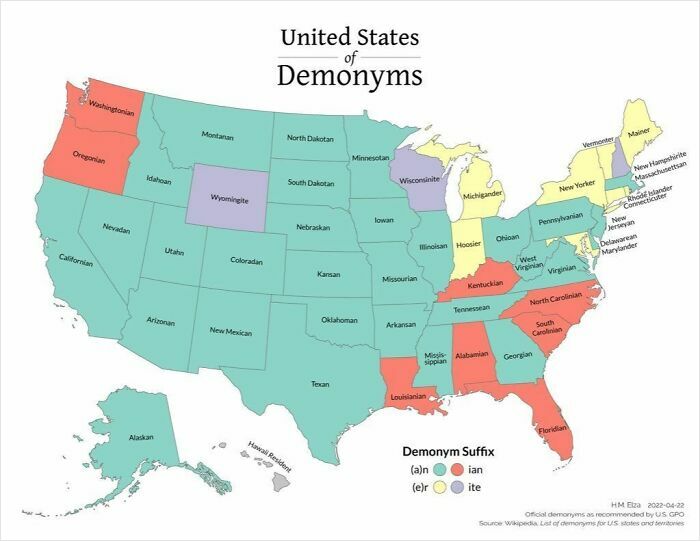 Map of United States demonyms by state with suffixes highlighting common regional naming patterns.