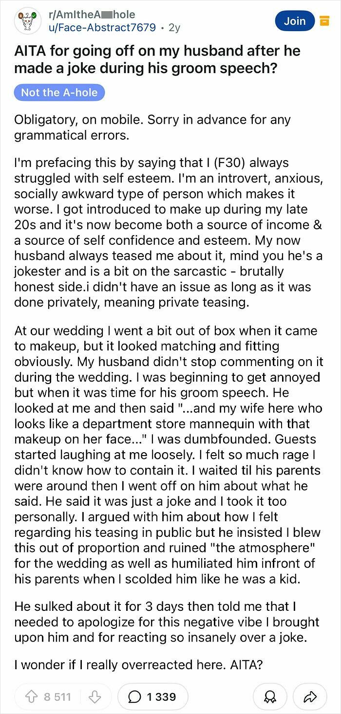 Reddit post where a groom's joke during his speech exposes his sense of entitlement, upsetting his bride at their wedding.