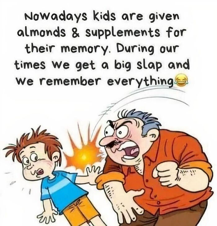 Cartoon showing a boomer slapping a child with text about memory, highlighting cringy jokes about boomers and the internet.