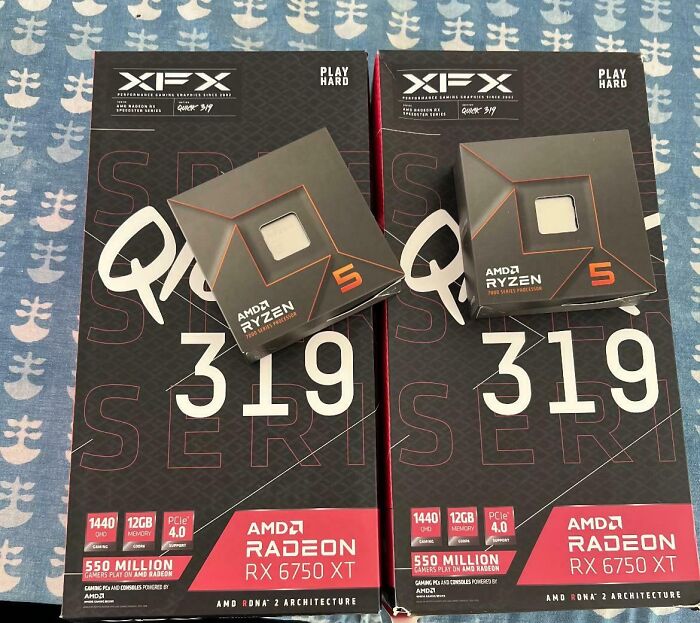 Two AMD Ryzen 5 319 Series processors placed on top of AMD Radeon RX 6750 XT graphics card boxes showing unlucky purchase timing.