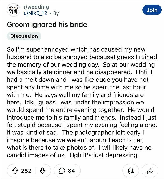 Reddit post discussing a groom's entitlement for ignoring his bride during their wedding evening.