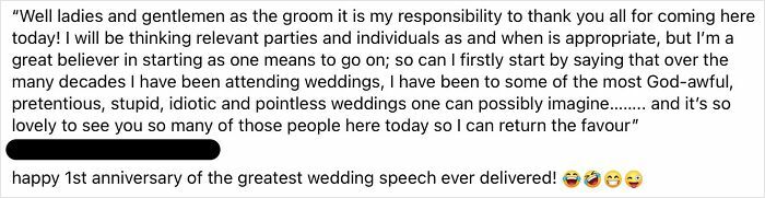 Screenshot of a groom’s entitled wedding speech calling other weddings pretentious and thanking guests with arrogance.