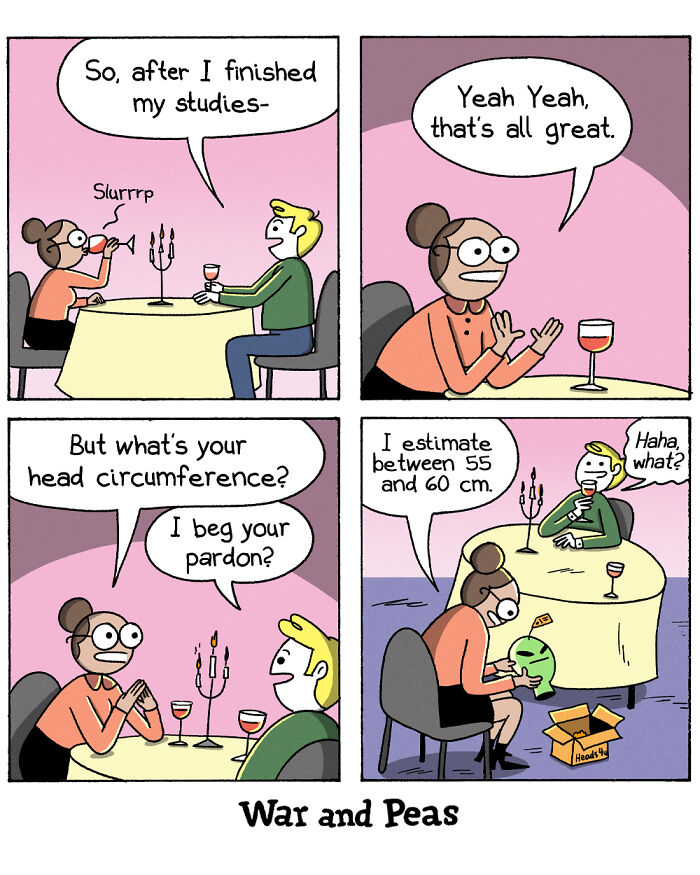 Humorous comic by War and Peas showing a surprising twist about measuring head circumference during a date.