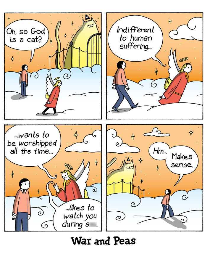 Humorous comic by War and Peas showing a cat as God with an unexpected plot twist in a heavenly setting.