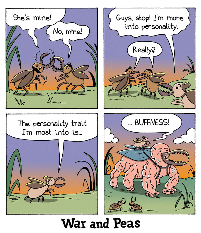 Comic panels showing humorous insects squabbling, with a plot twist featuring a muscular character, from War and Peas comics.