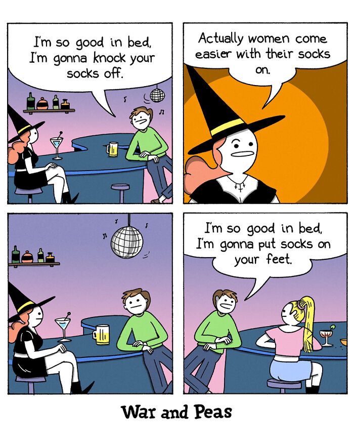 Humorous comic panels by War and Peas showing a funny twist on a pick-up line about socks and women.
