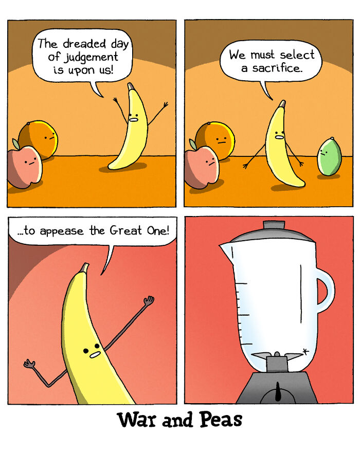 Comic strip by War and Peas showing fruits deciding on a sacrifice with an unexpected plot twist in a humorous style.