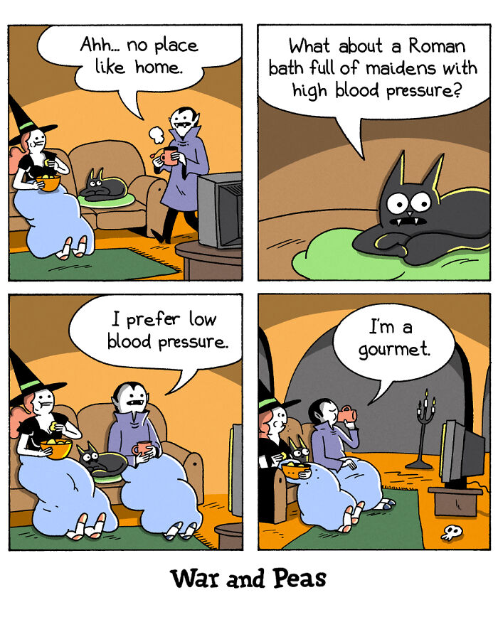 Humorous comic by War and Peas showing a vampire and witch with a cat discussing blood pressure and home comforts.