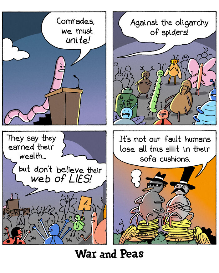 Humorous comic by War and Peas featuring bugs uniting against spiders with unexpected plot twists in four panels.