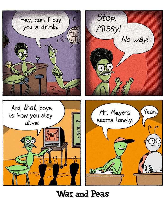 Comic panels from War and Peas featuring humorous insects with unexpected plot twists in a colorful cartoon style.