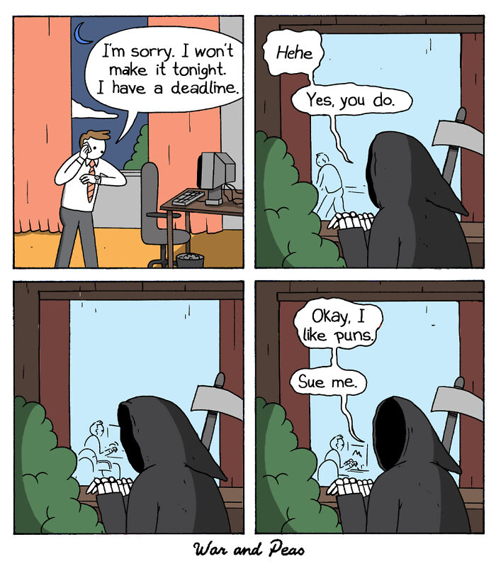 Comic panels show a man missing a deadline while the Grim Reaper humorously insists he does, featuring unexpected plot twists.