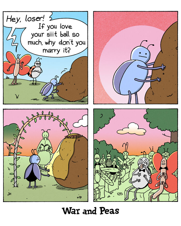 Humorous comic by War and Peas showing a bug marrying a large brown ball with an unexpected twist.