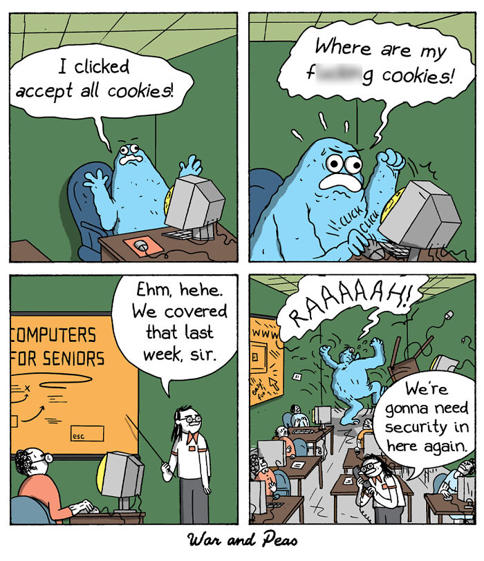 Blue creature frustrated at computer after accepting cookies, with senior computer class and teacher in a humorous comic panel.