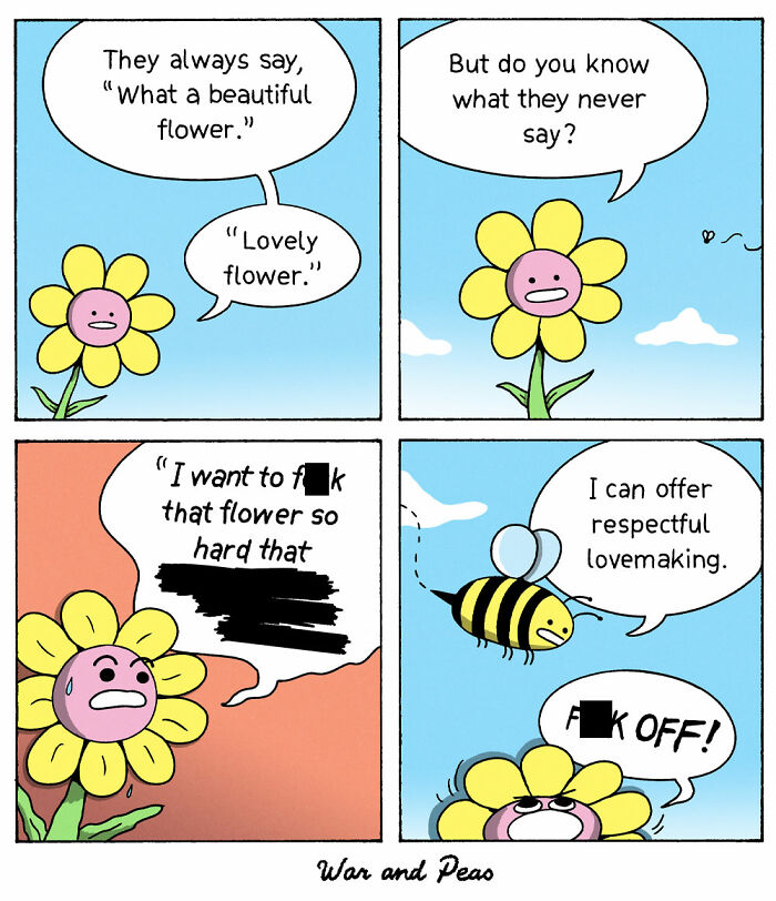 Humorous comic strip by War and Peas featuring a flower and bee with an unexpected plot twist dialogue.