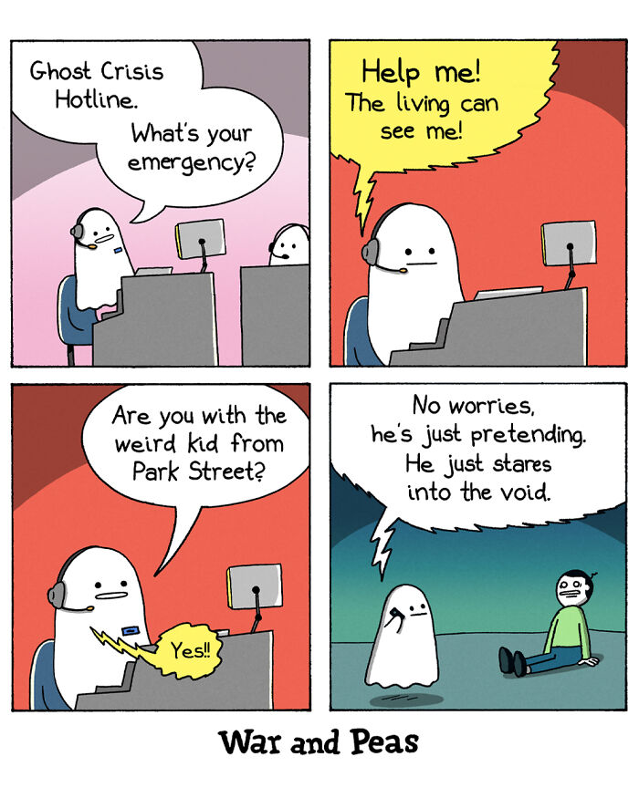 Ghost crisis hotline comic by War and Peas with humorous dialogue and an unexpected plot twist in four panels.