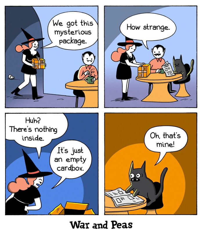 Comic strip by War and Peas showing a mysterious package with an unexpected twist involving a cat and an empty box.