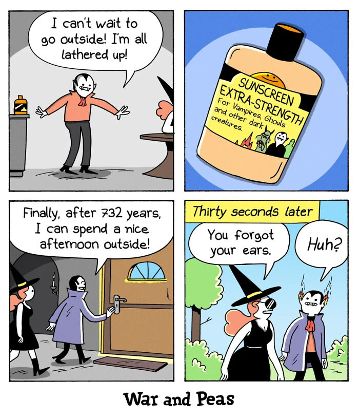 Humorous comic strip by War and Peas showing a vampire's unexpected struggle with sunscreen and sunlight.