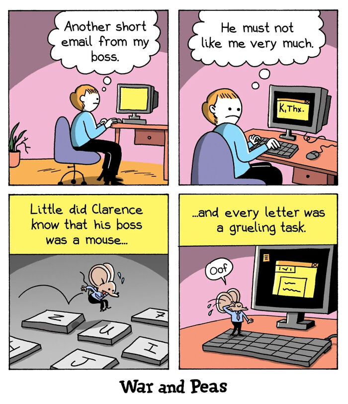 Comic strip showing a humorous plot twist where a worker’s boss is revealed to be a literal mouse struggling with emails.