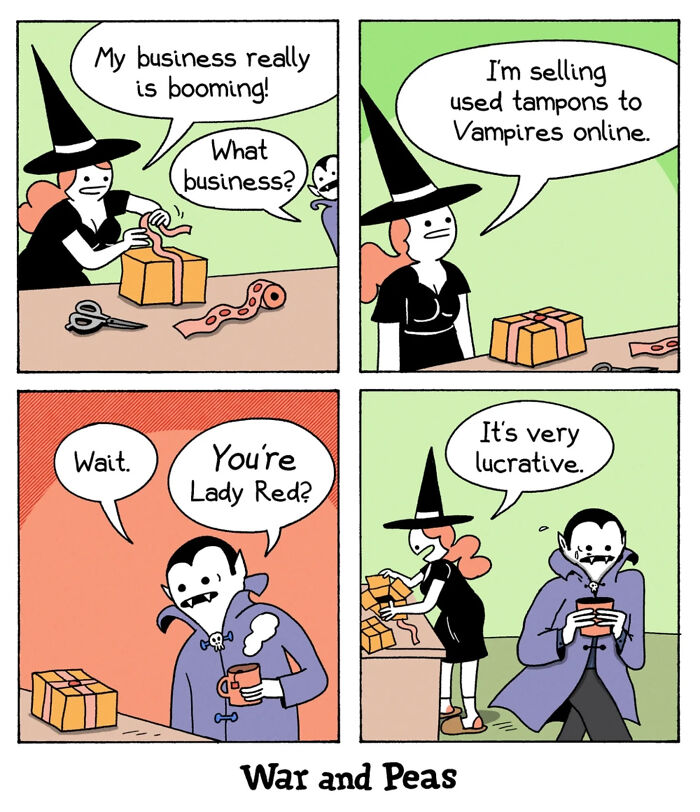 Comic strip from War and Peas showing a humorous plot twist involving vampires and an unusual online business.
