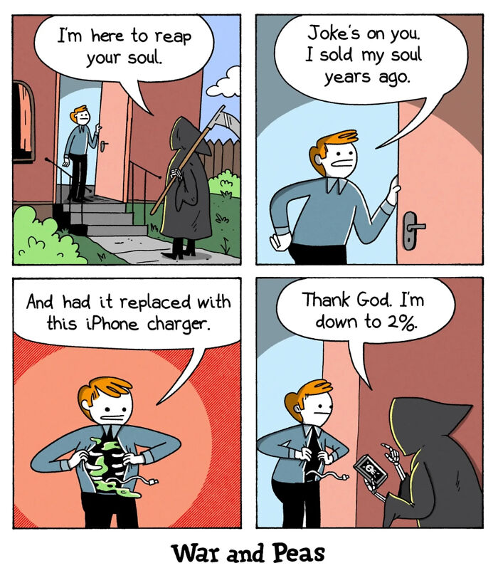 Comic strip by War and Peas showing a man tricking the Grim Reaper with an iPhone charger instead of his soul.