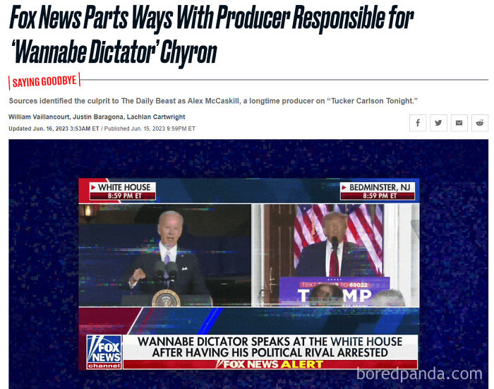 Fox News splits screen showing political speeches with chyron about wannabe dictator, illustrating consequences of stupidity and job loss.