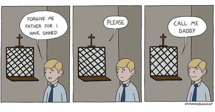 Absurdly funny comic strip showing a man confessing sins in a church with humorous speech bubbles.