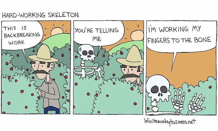 Absurdly funny comic showing a farmer and skeleton humorously discussing hard, backbreaking work in a field.