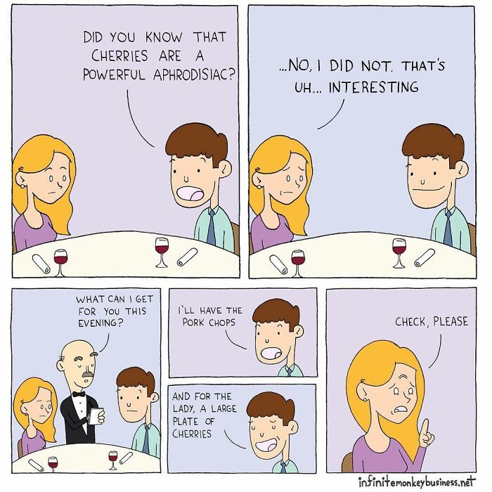 Absurdly funny comics showing a awkward dinner conversation about cherries and pork chops at a restaurant table.