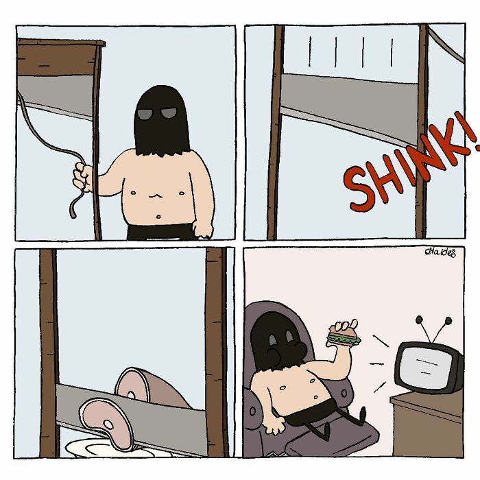 Absurdly funny comic showing a masked character using a guillotine then relaxing with a sandwich and TV.