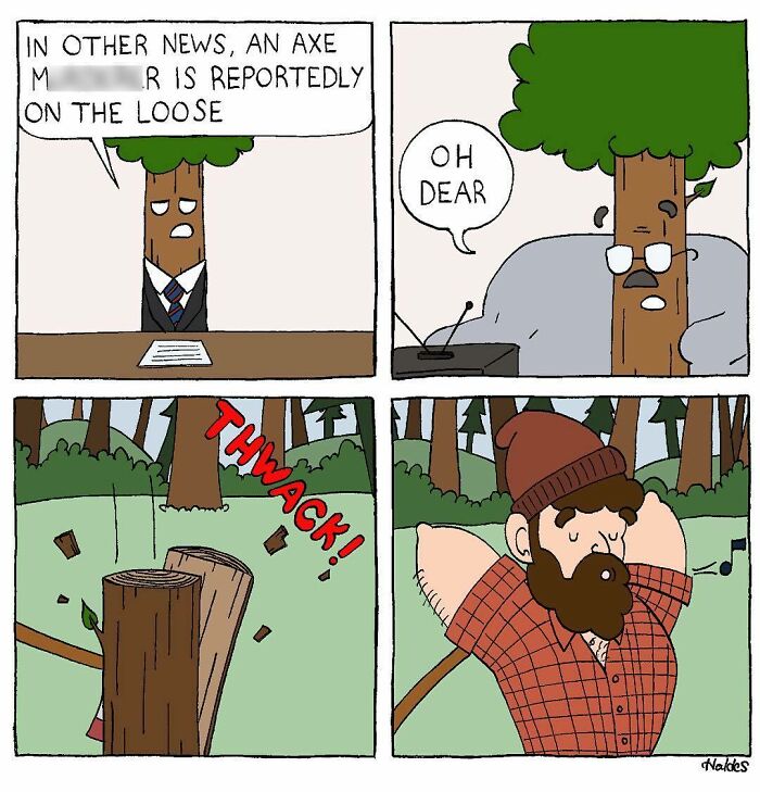 Absurdly funny comic showing a talking tree news anchor and a lumberjack chopping wood in a forest.