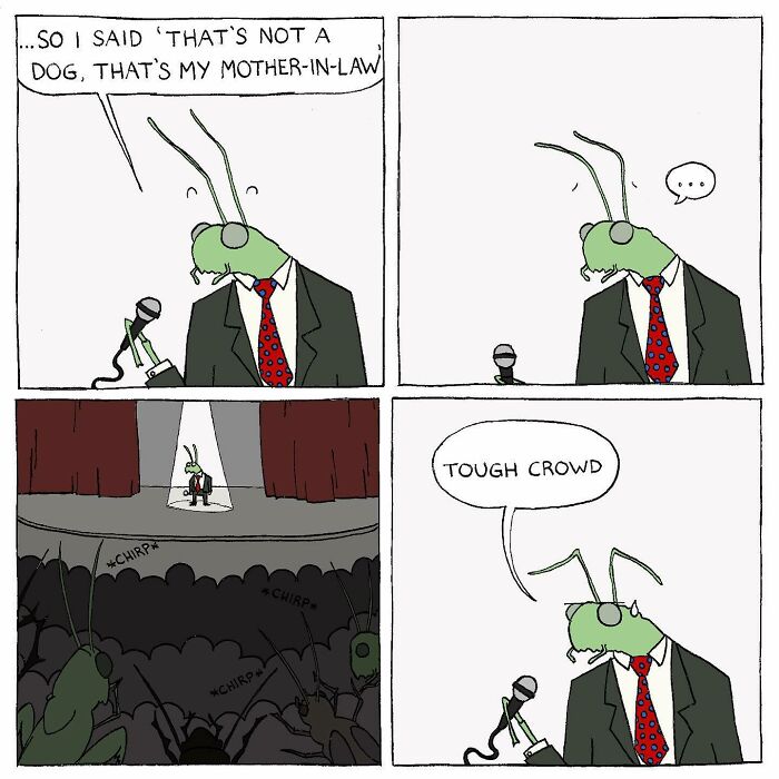 Absurdly funny comic featuring an insect comedian in a suit delivering a joke to an unamused audience.