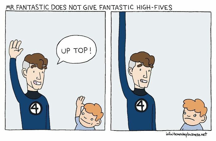 Cartoon by an artist known for absurdly funny comics showing a failed high-five between two characters.