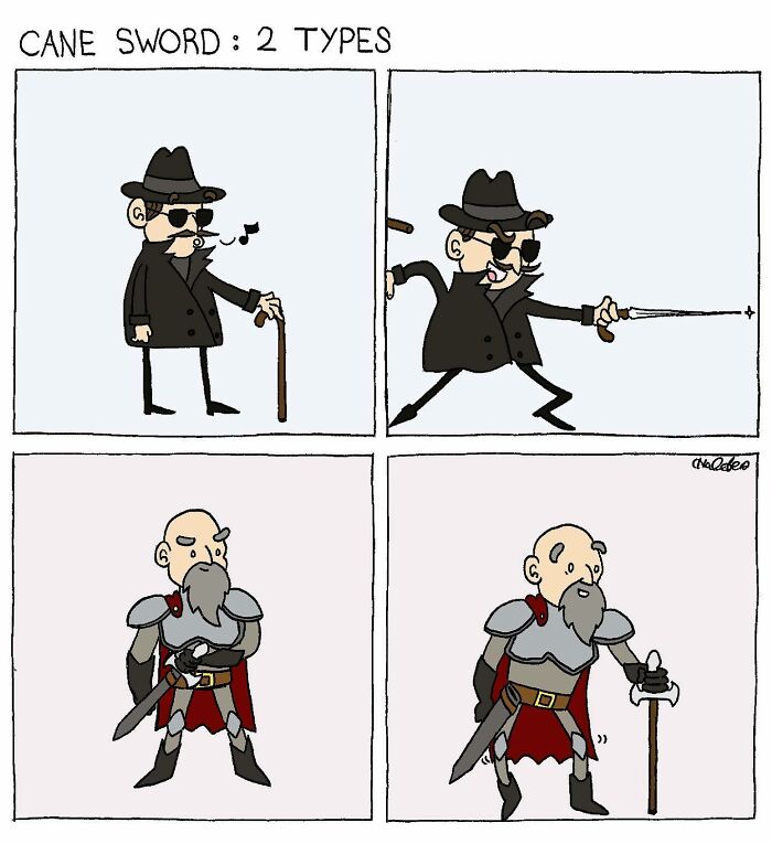 Absurdly funny comic showing two types of cane swords with humorous characters in different poses.