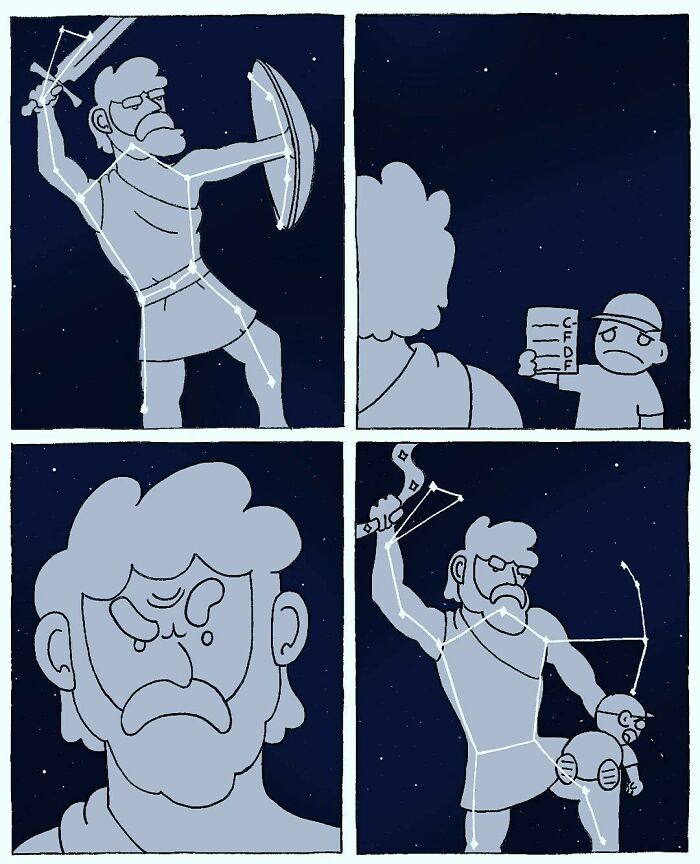 Comic panels showing an absurdly funny comic with constellations and a frustrated character holding a test paper.