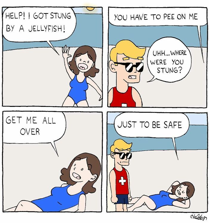 Absurdly funny comic showing a beach scene where a woman asks for help after a jellyfish sting with humorous dialogue.