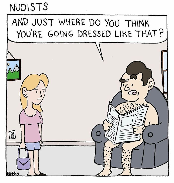 Cartoon of a man reading a newspaper, humorously questioning a woman’s choice of clothing in an absurdly funny comic style.