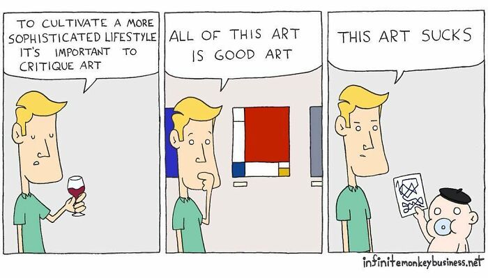 Cartoon character humorously critiquing abstract art in a comic illustrating absurdly funny artwork.