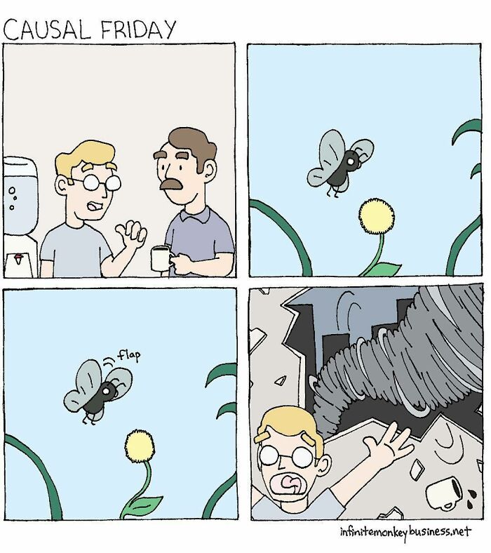 Absurdly funny comic showing two men talking, a bee flying, and a tornado causing chaos in a humorous scene.