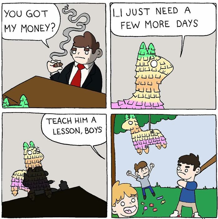 Absurdly funny comics showing a llama character negotiating money and kids playing with a piñata in a colorful scene.