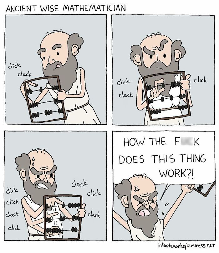 Comic panels show an ancient wise mathematician struggling humorously with an abacus, clicking beads in frustration.
