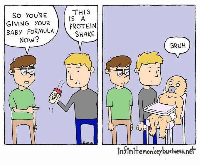 Two men in a funny comic strip discuss baby formula and protein shakes with an absurdly muscular baby included.