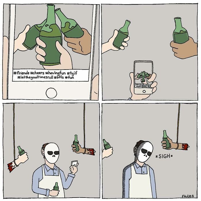 Absurdly funny comics showing a bartender with a mask and severed arms holding beer bottles in a darkly humorous scene.