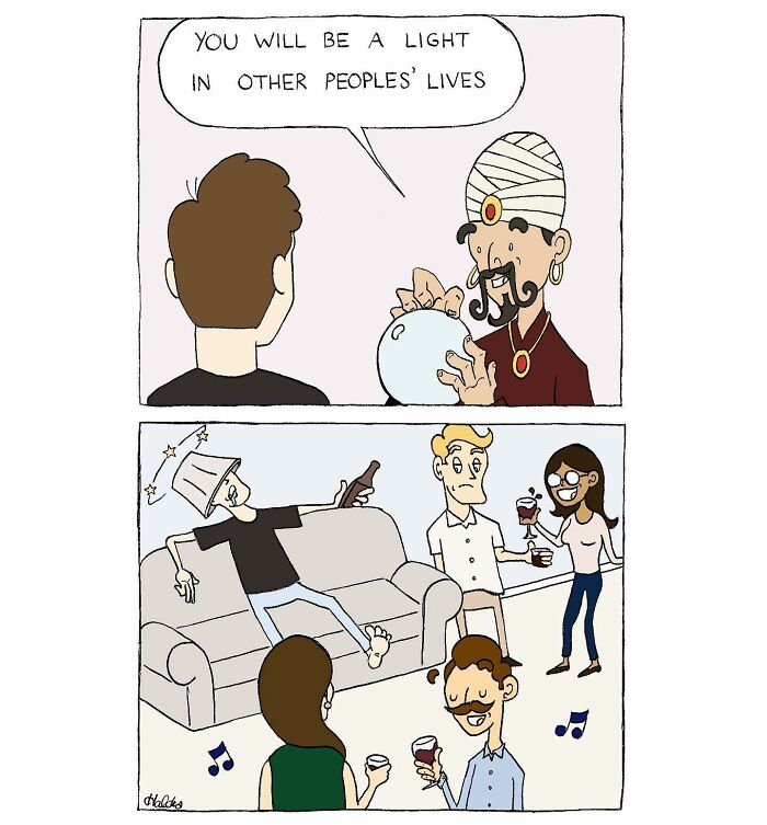 Absurdly funny comic showing a fortune teller predicting a man will be a light in others’ lives with a humorous twist.